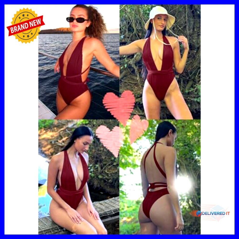 Deep V Neck Ribbed One Piece Swimsuit High Cut Crisscross Back - Picture 2 of 7